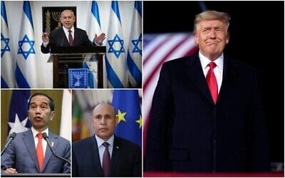 (في اتجاه عقارب الساعة من أعلى اليمين) رئيس الوزراء بنيامين نتنياهو والرئيس الأمريكي دونالد ترامب والرئيس الموريتاني محمد ولد الغزواني والرئيس الإندونيسي جوكو ويدودو.(Collage/AP)