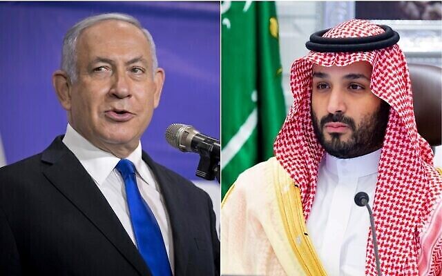 على اليسار: رئيس الوزراء بنيامين نتنياهو في حفل أقيم في تل أبيب، إسرائيل، يوم الإثنين، 8 مارس، 2021. (Miriam Alster / Pool via AP)؛ على اليمين: ولي العهد السعودي محمد بن سلمان يحضر قمة افتراضية لمجموعة العشرين عُقدت عبر الفيديو، في الرياض، المملكة العربية السعودية، الأحد، 22 نوفمبر، 2020 (Bandar Aljaloud / Saudi Royal Palace via AP)