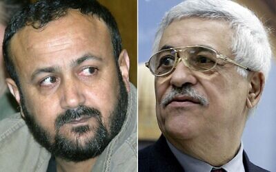صورة مركبة تظهر قيادي حركة فتح المسجون مروان البرغوثي (يسار) في محكمة تل أبيب المركزية في 12 ديسمبر 2002، ورئيس منظمة التحرير الفلسطينية محمود عباس (يمين) في رام الله، في 30 أبريل 2003 (SVEN NACKSTRAND, JAMAL ARURI / AFP)