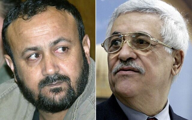 صورة مركبة تظهر قيادي حركة فتح المسجون مروان البرغوثي (يسار) في محكمة تل أبيب المركزية في 12 ديسمبر 2002، ورئيس منظمة التحرير الفلسطينية محمود عباس (يمين) في رام الله، في 30 أبريل 2003 (SVEN NACKSTRAND, JAMAL ARURI / AFP)