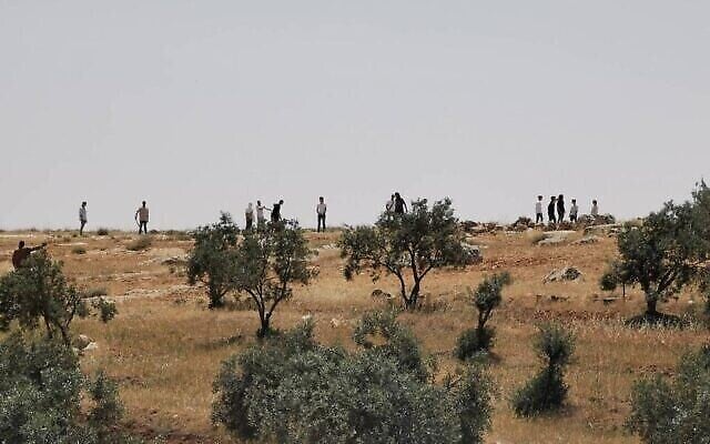 مستوطنون يهاجمون كما يُزعم فلسطينيين في منطقة جبل الخليل بجنوب الخليل بالقرب من بلدة التواني الفلسطينية، 24 أبريل، 2021. (Eyal Huravni / B'Tselem)