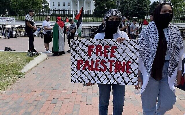 توضيحية: متظاهرون يحملون لافتات  في تظاهرة مؤيدة للفلسطينيين امام البيت الابيض في واشنطن العاصمة، 20 مايو، 2021. (Daniel SLIM / AFP)