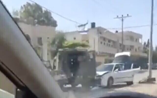 موقع محاولة عملية دهس عند حوارة بالضفة الغربية، 17 مايو، 2021. (Screen grab / Kan)