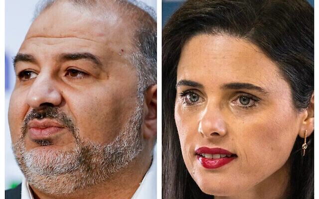 في الصورة من اليمين منصور عباس، رئيس حزب القائمة العربية الموحدة، وفي الصورة من اليسار عضو الكنيست عن حزب ’يمينا’ أييليت شاكيد. (Yonatan Sindel, Olivier Fitoussi/Flash90) في الصورة من اليمين منصور عباس، رئيس حزب القائمة العربية الموحدة، وفي الصورة من اليسار عضو الكنيست عن حزب ’يمينا’ أييليت شاكيد. (Yonatan Sindel, Olivier Fitoussi/Flash90)