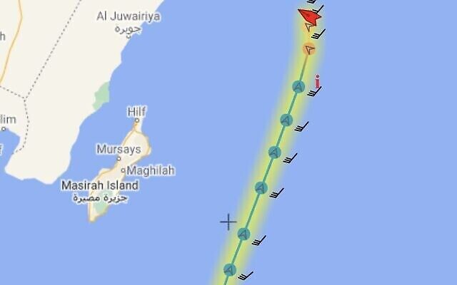 The Israeli-operated MERCER STREET was attacked near Oman, on July 29, 2021 (MarineTraffic.com screenshot)