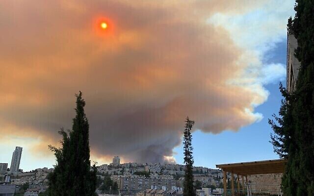 سحابة دخان تنتشر في أنحاء القدس، 15 أغسطس، 2021. (Mich Weinstein / Times of Israel) سحابة دخان تنتشر في أنحاء القدس، 15 أغسطس، 2021. (Mich Weinstein / Times of Israel)