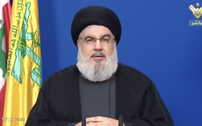 الأمين العام لحزب الله، حسن نصر الله، يلقي كلمة في قناة "المنار" التابعة للحزب ، 29 سبتمبر، 2020. (Screenshot: Al-Manar)