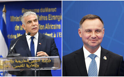 وزير الخارجية يائير لابيد (من اليسار) يتحدث خلال  احتفال في الرباط، 11 أغسطس ، 2021. الرئيس البولندي أندريه دودا (يمين) يصل إلى قمة الناتو في بروكسل في 14 يونيو، 2021. (Shlomi Amsalem/GPO; Kenzo Tribouillard/Pool via AP)