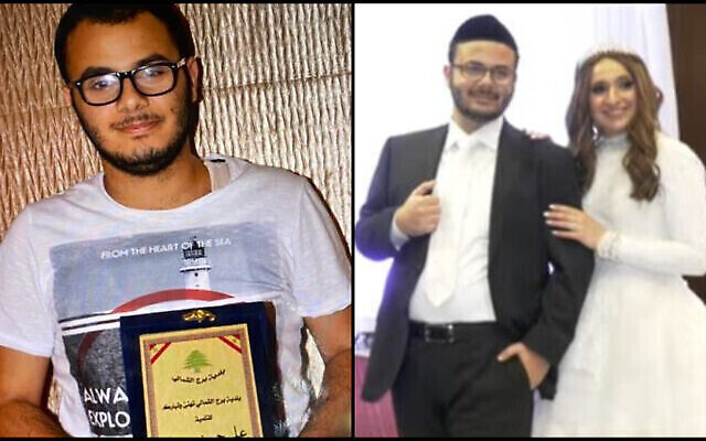 إيليا حليوة يحمل لوحة عليها العلم اللبناني (يسار) وأثناء زفافه مع امرأة يهودية أرثوذكسية متشددة. (Screenshot, various sources/Courtesy)