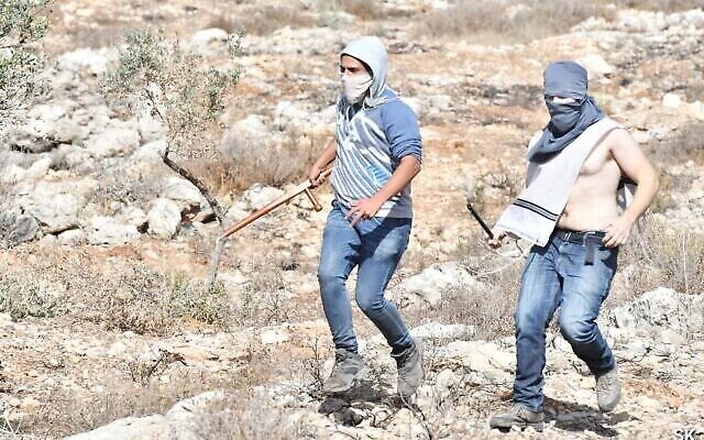 رجال ملثمون، يُزعم أنهم مستوطنين إسرائيليين، يمسكون الهراوات أثناء ما وصفه شهود عيان والشرطة بأنه هجوم على فلسطينيين يسعون إلى قطف الزيتون بالقرب من صوريف في 12 نوفمبر / تشرين الثاني 2021 (مصدر الصورة: شاي كيندلر)