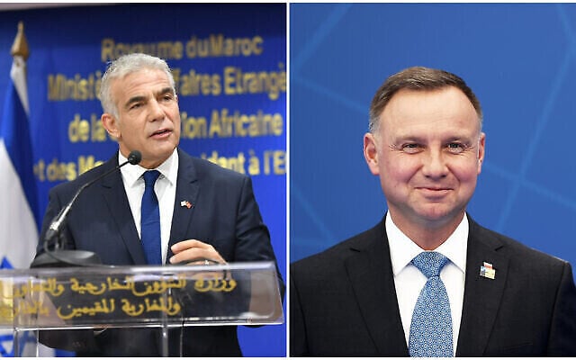 وزير الخارجية يائير لابيد (يسار) يتحدث في حفل أقيم في الرباط، 11 أغسطس 2021. الرئيس البولندي أندريه دودا (يمين) يصل إلى قمة الناتو في بروكسل في 14 يونيو 2021 (Shlomi Amsalem / GPO؛ Kenzo Tribouillard / Pool عبر AP)