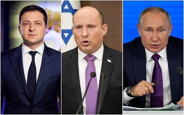 الرئيس الأوكراني فولوديمير زيلينسكي ورئيس الوزراء نفتالي بينيت والرئيس الروسي فلاديمير بوتين.  (Composite/AP)