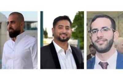 ثلاثة من ضحايا الهجوم المميت في بني براك في 29 مارس 2022 من اليسار إلى اليمين أمير خوري، ويعقوب شالوم، وأفيشاي يحزقيل. (Courtesy)
