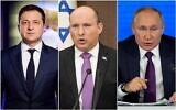 الرئيس الأوكراني فولوديمير زيلينسكي، رئيس الوزراء نفتالي بينيت والرئيس الروسي فلاديمير بوتين (Composite/AP)