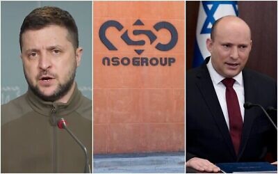 الرئيس الأوكراني فولوديمير زيلينسكي، ومبنى مجموعة NSO في سابير، ورئيس الوزراء نفتالي بينيت.  (Collage/AP)