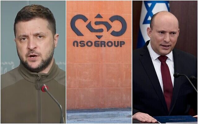 الرئيس الأوكراني فولوديمير زيلينسكي، ومبنى مجموعة NSO في سابير، ورئيس الوزراء نفتالي بينيت.  (Collage/AP)