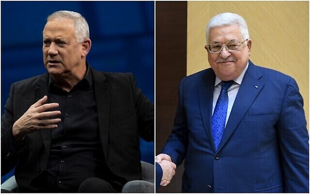 وزير الدفاع بيني غانتس ورئيس السلطة الفلسطينية محمود عباس. (AP/Collage)