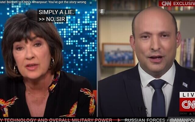 الإعلامية في شبكة CNN كريستيان أمانبور تجري مقابلة مع رئيس الوزراء نفتالي بينيت، 20 أبريل، 2022. (Screen capture: YouTube)