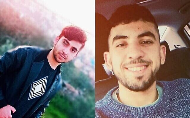سميح عاصي ويحيى مرعي، اللذان اعتقلا في مدينة سلفيت الفلسطينية في 30 أبريل 2022، بشبهة ارتكابهما هجوما في 29 أبريل عند مدخل مستوطنة أريئل قُتل فيه حارس الأمن فياتشيسلاف غوليف. (Israel TV screenshot; used in accordance with clause 27a of the Copyright law)