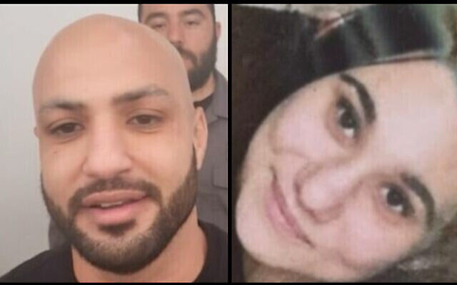 (يسار) لقطة شاشة من فيديو ولاء خلايلة في محكمة حيفا المركزية، 18 يوليو / تموز 2022. (القناة 12). وعلى اليمين سابير ناحوم
