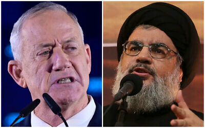 ملف: وزير الدفاع بيني غانتس (يسار) وزعيم حزب الله حسن نصر الله (يمين) (Tomer Neuberg/Flash90; Hussein Malla/ AP Photo)