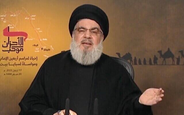 الأمين العام لمنظمة حزب الله، حسن نصر الله، يلقي خطابًا متلفزًا في إحياء ذكرى أربعينية الإمام الحسين ، 17 سبتمبر 2022.  (Twitter screenshot; used in accordance with Clause 27a of the Copyright Law)