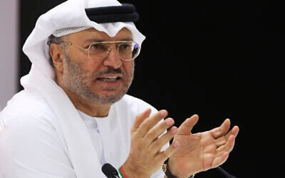 المستشار الدبلوماسي لرئيس الإمارات أنور قرقاش يخاطب صحفيين في دبي، الإمارات العربية المتحدة، 18 يونيو 2018 (AP/Jon Gambrell)