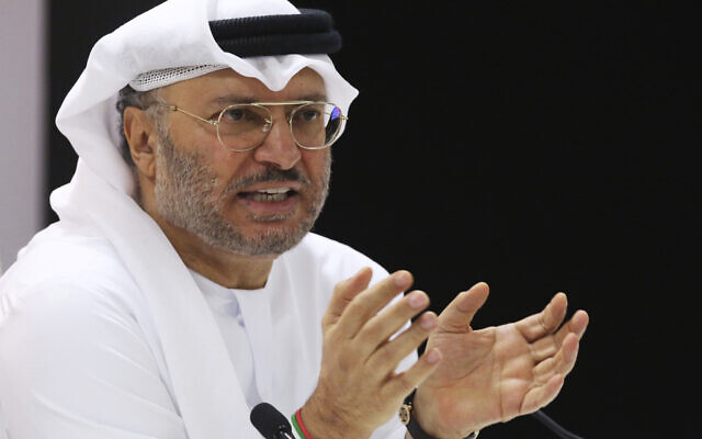 المستشار الدبلوماسي لرئيس الإمارات أنور قرقاش يخاطب صحفيين في دبي، الإمارات العربية المتحدة، 18 يونيو 2018 (AP/Jon Gambrell)