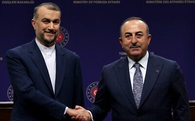 وزير الخارجية التركي مولود تشاوش أوغلو (يمين) ونظيره الإيراني حسين أمير عبداللهيان يتصافحان في ختام مؤتمرهما الصحفي المشترك في أنقرة، 17 يناير 2023 (Adem Altan / AFP)