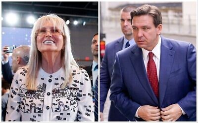 ميريام أديلسون في القمة الوطنية للمجلس الأمريكي الإسرائيلي في هوليوود بولاية فلوريدا  في 7 ديسمبر، 2019 ؛ حاكم فلوريدا رون ديسانتيس يصل إلى وزارة الخارجية في لندن في 28 أبريل، 2023. (AP Photo / Patrick Semansky and Alberto Pezzali)