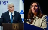 من اليسار: زعيم المعارضة يائير لبيد يتحدث خلال اجتماع لحزبه في الكنيست، في القدس، 20 مارس، 2023. (Erik Marmor / Flash90). على اليمين: وزيرة المواصلات ميري ريغيف تحضر مؤتمرا في تل أبيب، 22 مارس، 2023. (Avshalom Sassoni / Flash90)