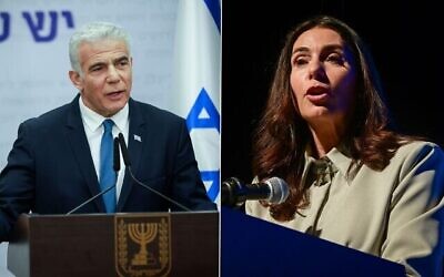 من اليسار: زعيم المعارضة يائير لبيد يتحدث خلال اجتماع لحزبه في الكنيست، في القدس، 20 مارس، 2023. (Erik Marmor / Flash90). على اليمين: وزيرة المواصلات ميري ريغيف تحضر مؤتمرا في تل أبيب، 22 مارس، 2023. (Avshalom Sassoni / Flash90)