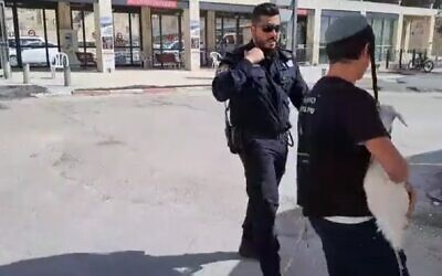 شرطي يعتقل شابًا يحمل حملًا يشتبه في نيته التضحية به في الحرم القدسي في القدس، 5 أبريل 2023 (Social media; used in accordance with Clause 27a of the Copyright Law)
