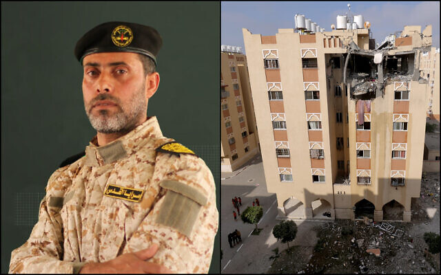 صورة (يسار) نشرتها حركة الجهاد الإسلامي تظهر علي غالي، قائد الوحدة الصاروخية في الحركة. قُتل غالي في غارة إسرائيلية على مبنى (يمين) في مدينة خان يونس جنوب قطاع غزة، 11 مايو 2023 (Courtesy؛ SAID KHATIB / AFP) صورة (يسار) نشرتها حركة الجهاد الإسلامي تظهر علي غالي، قائد الوحدة الصاروخية في الحركة. قُتل غالي في غارة إسرائيلية على مبنى (يمين) في مدينة خان يونس جنوب قطاع غزة، 11 مايو 2023 (Courtesy؛ SAID KHATIB / AFP)