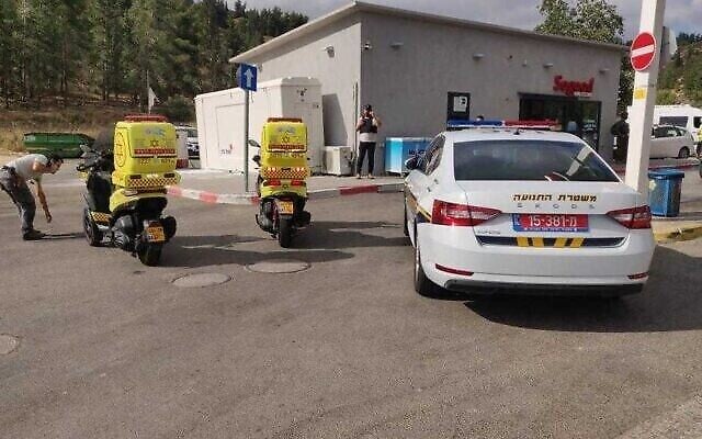 First responders at the scene of a shooting attack at a gas station near the West Bank settlement of Eli on June 20, 2023. (Magen David Adom) First responders at the scene of a shooting attack at a gas station near the West Bank settlement of Eli on June 20, 2023. (Magen David Adom)