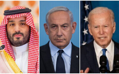 (في الصورة من البسار) ولي العهد السعودي محمد بن سلمان في جدة، المملكة العربية السعودية، 19 مايو 2023. (Saudi Press Agency via AP) ؛ (في الصورة بالوسط) رئيس الوزراء بنيامين نتنياهو في القدس (Alex Kolomoisky / Pool / Flash90). (من اليمين) الرئيس الأمريكي جو بايدن في 2 نوفمبر 2022 في واشنطن العاصمة. (Michael A. McCoy / GETTY IMAGES NORTH AMERICA / Getty Images via AFP)