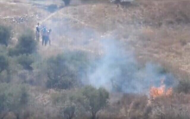 مستوطنون من يتسهار يبتعدون عن حريق اندلع في حقول تابعة لقرية بورين الفلسطينية، 29 يوليو، 2023. (Screen capture / Yesh Din) مستوطنون من يتسهار يبتعدون عن حريق اندلع في حقول تابعة لقرية بورين الفلسطينية، 29 يوليو، 2023. (Screen capture / Yesh Din)