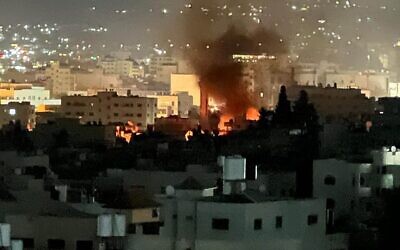 دخان يتصاعد بعد غارة إسرائيلية على مخيم جنين للاجئين في شمال الضفة الغربية، 19 سبتمبر، 2023. (Social media: used in accordance with Clause 27a of the Copyright Law) دخان يتصاعد بعد غارة إسرائيلية على مخيم جنين للاجئين في شمال الضفة الغربية، 19 سبتمبر، 2023. (Social media: used in accordance with Clause 27a of the Copyright Law)