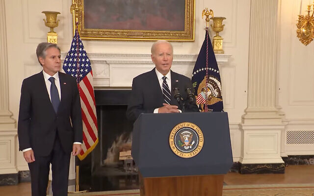 الرئيس الأمريكي جو بايدن يتحدث عن الهجوم ضد إسرائيل، 7 أكتوبر، 2023. (Screenshot/Used in accordance with clause 27a of the copyright law)