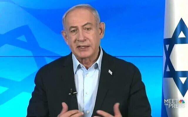 رئيس الوزراء بنيامين نتنياهو يتحدث في برنامج “قابل الصحافة” على شبكة NBC، في 12 نوفمبر، 2023. (NBC screenshot: used in accordance with Clause 27a of the Copyright Law)