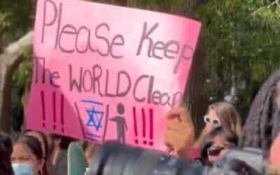 ملف – لافتة معادية للسامية في مظاهرة مؤيدة للفلسطينيين لطلاب جامعة نيويورك وآخرين في واشنطن سكوير بارك في مانهاتن، 25 أكتوبر، 2023. (Screen Capture / X)