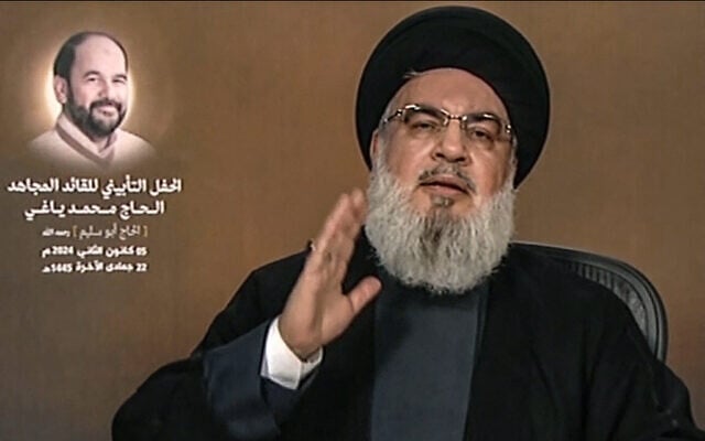 لقطة شاشة من قناة المنار التابعة لحزب الله التقطت في 5 يناير، 2024، تظهر زعيم حزب الله المدعوم من إيران حسن نصر الله وهو يلقي خطابا متلفزا (Al-Manar/AFP) لقطة شاشة من قناة المنار التابعة لحزب الله التقطت في 5 يناير، 2024، تظهر زعيم حزب الله المدعوم من إيران حسن نصر الله وهو يلقي خطابا متلفزا (Al-Manar/AFP)