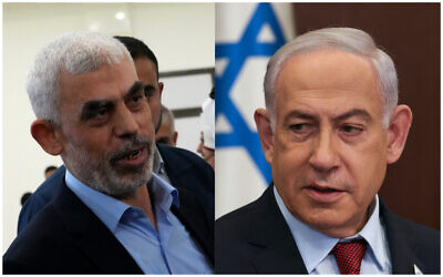 يسار: يحيى السنوار، رئيس حركة حماس في غزة، مدينة غزة، 30 أبريل، 2022. (AP Photo/Adel Hana)؛ يمين: رئيس الوزراء الإسرائيلي بنيامين نتنياهو، 10 ديسمبر، 2023. (Ronen Zvulun/Pool Photo via AP)