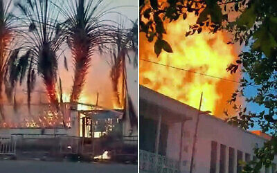 حريق ودمار في كنيس يهودي في صفاقس، تونس، بعد أن أضرم حشد من الناس النار في المبنى وأحرقوا عدة أشجار في الفناء في 25 فبراير، 2024. (Screenshots from X, used in accordance with Clause 27a of the Copyright Law).