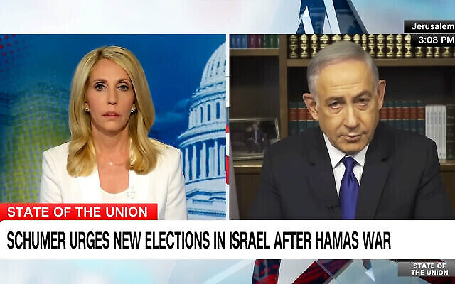 رئيس الوزراء بنيامين نتنياهو في مقابلة مع شبكة CNN في 17 مارس، 2024. (CNN Screenshot)
