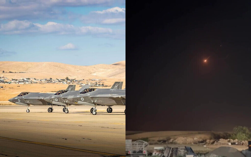 على اليسار: طائرات مقاتلة من طراز F-35i تظهر في قاعدة نيفاتيم الجوية في جنوب إسرائيل، في صورة غير مؤرخة؛ على اليمين: صاروخ بالستي إيراني قبل وقت قصير من سقوطه في جنوب إسرائيل، أوائل 14 أبريل، 2024. (Israel Defense Forces; Screenshot: X) على اليسار: طائرات مقاتلة من طراز F-35i تظهر في قاعدة نيفاتيم الجوية في جنوب إسرائيل، في صورة غير مؤرخة؛ على اليمين: صاروخ بالستي إيراني قبل وقت قصير من سقوطه في جنوب إسرائيل، أوائل 14 أبريل، 2024. (Israel Defense Forces; Screenshot: X)