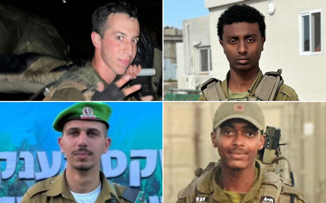 (في اتجاه عقارب الساعة من أعلى اليسار) الرقيب إيتاي ليفني؛ الرقيب يوسف داسا؛ الرقيب دانيال ليفي؛ والرقي إرمياس ميكورياو الذين قُتلوا خلال القتال في قطاع غزة في 10 مايو، 2024. (Israel Defense Forces) (في اتجاه عقارب الساعة من أعلى اليسار) الرقيب إيتاي ليفني؛ الرقيب يوسف داسا؛ الرقيب دانيال ليفي؛ والرقي إرمياس ميكورياو الذين قُتلوا خلال القتال في قطاع غزة في 10 مايو، 2024. (Israel Defense Forces)