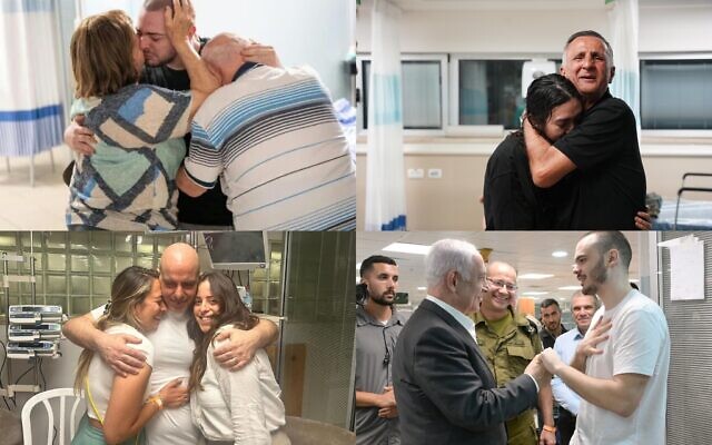 صورة للرهائن الإسرائيليين خلال لم شملهم مع عائلاتهم بعد إنقاذهم من أسر حماس في غزة في 8 يونيو، 2024. في أعلى الصورة من اليسار: ألموغ مئير جان مع والديه، ونوعا أرغماني مع والدها.(Israel Defense Forces) من اليسار إلى اليمين: لم شمل شلومو زيف مع أخته وابن عمه (Hostages and Missing Families Forum)، وأندريه كوزلوف يلتقي برئيس الوزراء بنيامين نتنياهو. (Maayan Toaf / GPO) صورة للرهائن الإسرائيليين خلال لم شملهم مع عائلاتهم بعد إنقاذهم من أسر حماس في غزة في 8 يونيو، 2024. في أعلى الصورة من اليسار: ألموغ مئير جان مع والديه، ونوعا أرغماني مع والدها.(Israel Defense Forces) من اليسار إلى اليمين: لم شمل شلومو زيف مع أخته وابن عمه (Hostages and Missing Families Forum)، وأندريه كوزلوف يلتقي برئيس الوزراء بنيامين نتنياهو. (Maayan Toaf / GPO)