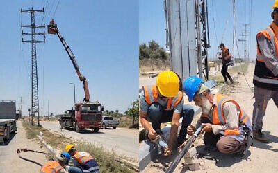 فلسطينيون يجرون أعمال كهرباء في قطاع غزة لزيادة الطاقة لمحطة تحلية المياه بالتنسيق مع إسرائيل، 2 يوليو 2024 (Screenshot: X)