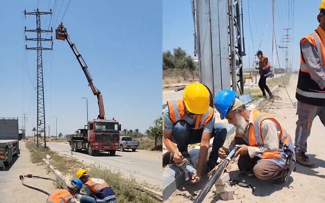 فلسطينيون يجرون أعمال كهرباء في قطاع غزة لزيادة الطاقة لمحطة تحلية المياه بالتنسيق مع إسرائيل، 2 يوليو 2024 (Screenshot: X) فلسطينيون يجرون أعمال كهرباء في قطاع غزة لزيادة الطاقة لمحطة تحلية المياه بالتنسيق مع إسرائيل، 2 يوليو 2024 (Screenshot: X)